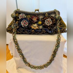 MARY FRANCES Beaded Embellished Floral Clutch with Chain & Bead Strap